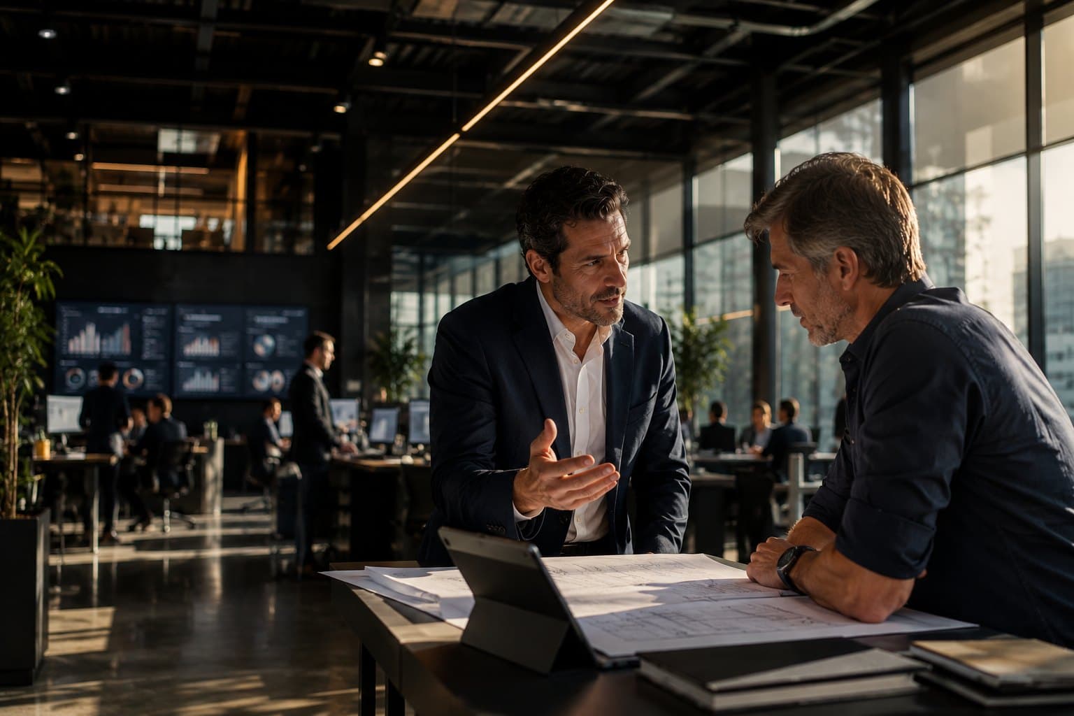 Two operators working through the numbers side by side on site — a partnership conversation on the floor
